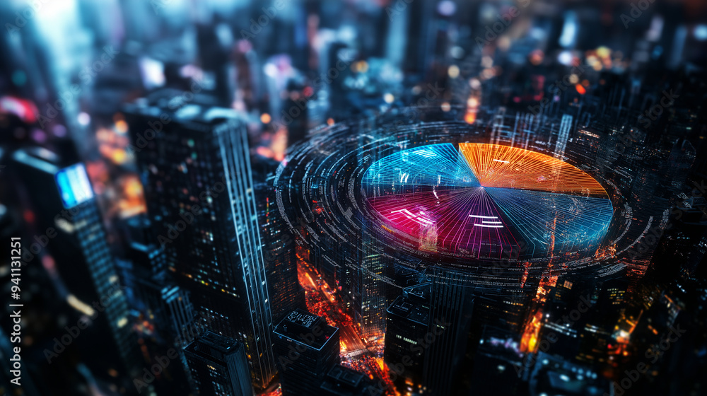 Poster a vibrant pie chart hovers over a busy city, symbolizing the integration of data analytics in sustai