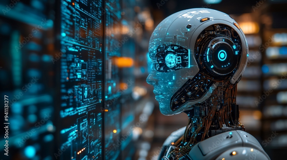 Aufkleber A retail store managed by AI-driven systems where inventory is automatically tracked and customers are greeted by AI assistants Stock Photo with copy space