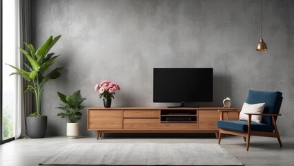 Modern Living Room with Wooden Entertainment Center, Blue Armchair, and Plants