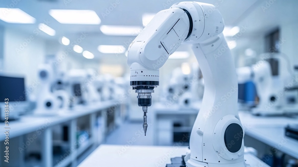 Poster A close-up of AI-controlled machinery in a factory setting performing precise and repetitive tasks with high accuracy Stock Photo with copy space