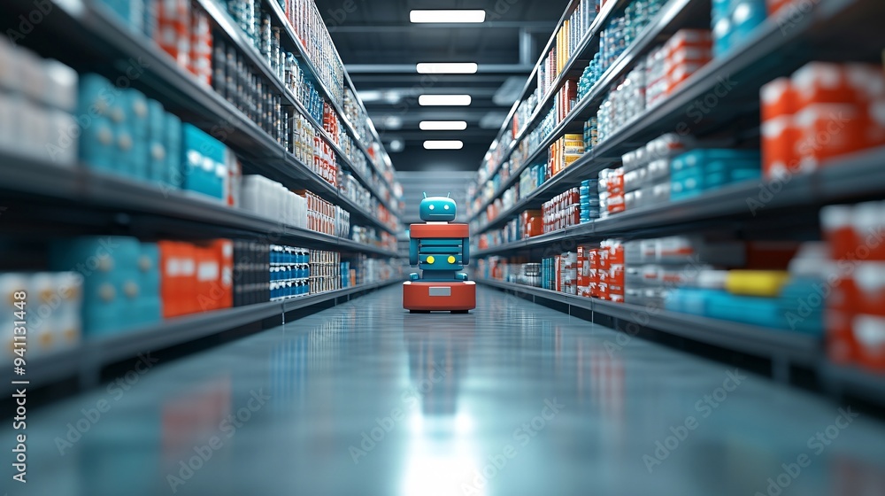 Aufkleber A retail store managed by AI-driven systems where inventory is automatically tracked and customers are greeted by AI assistants Stock Photo with copy space