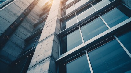 Obraz premium A tall glass building, catching sunlight and emphasizing modern architecture with its sleek lines and reflective surfaces, stands against a vibrant blue sky.