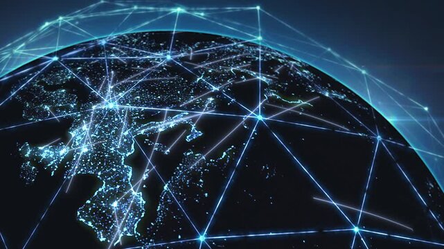 Connecting to and exchanging data on the global world wide web. Communication technology of global world wide area network. Social connections over Europe. Digital network covers the planet, 4k.
