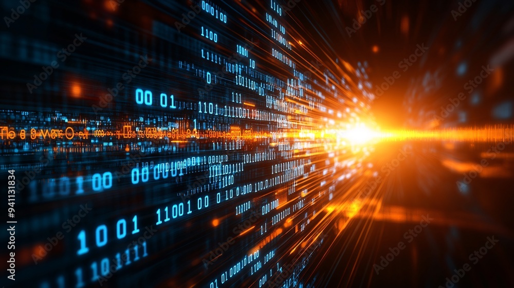 Aufkleber An abstract depiction of AI as a glowing network of binary code flowing through cyberspace Stock Photo with copy space