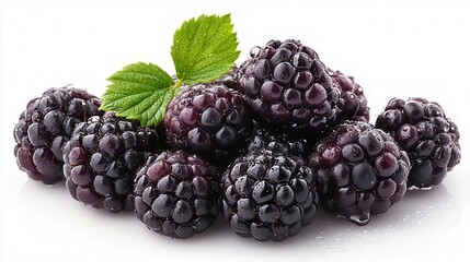 closeup of ripe blackberry cluster against pure white background dewdrops glistening on luscious dark fruit