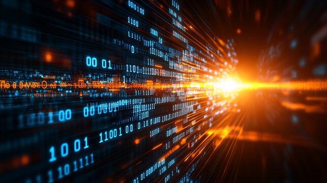 An abstract depiction of AI as a glowing network of binary code flowing through cyberspace Stock Photo with copy space