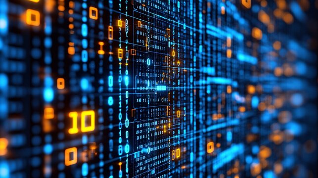 An abstract depiction of AI as a glowing network of binary code flowing through cyberspace Stock Photo with copy space