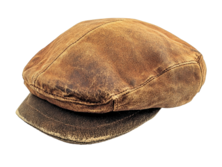 Brown vintage flat cap with worn texture, isolated on white background. PNG transparent.