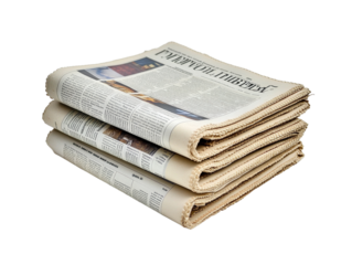 Folded newspaper with visible headlines, isolated on white background. PNG transparent.
