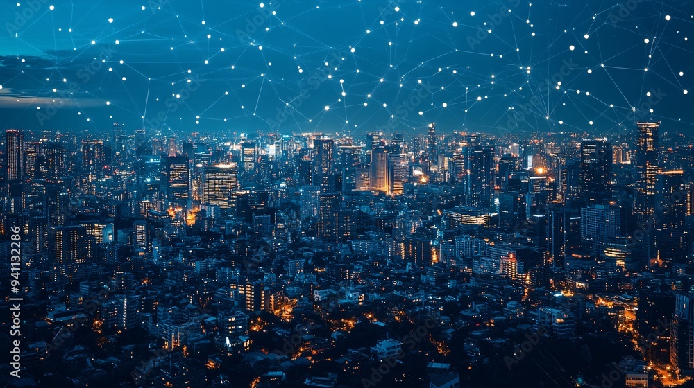 Poster A futuristic city managed by AI with smart buildings and autonomous public transportation systems Stock Photo with copy space