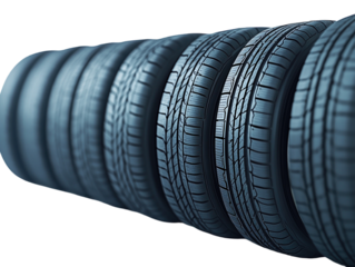 Row of black car tires with tread pattern, isolated on white background. PNG transparent.