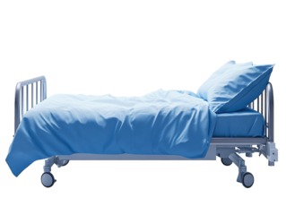 Modern hospital bed with blue sheets and medical equipment, isolated on white background. PNG transparent.