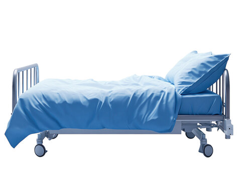 Modern hospital bed with blue sheets and medical equipment, isolated on white background. PNG transparent.