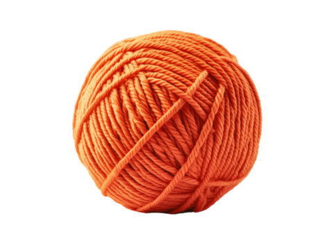 Orange ball of yarn, tightly wound with texture, isolated on white background. PNG transparent.