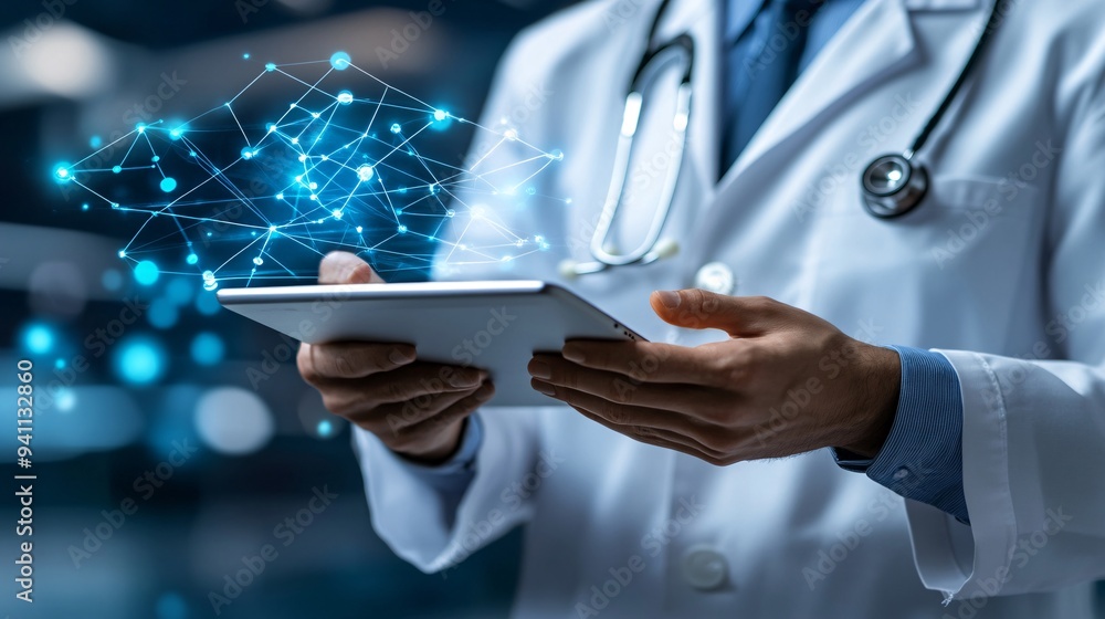 Poster a healthcare professional analyzing patient data with the help of ai software predicting outcomes an