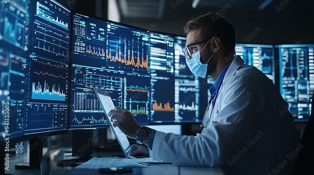 Poster A healthcare professional analyzing patient data with the help of AI software predicting outcomes and suggesting treatments Stock Photo with copy space