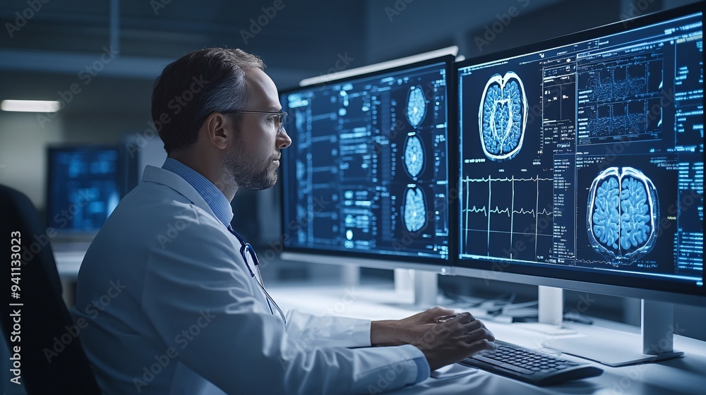 Poster A healthcare professional analyzing patient data with the help of AI software predicting outcomes and suggesting treatments Stock Photo with copy space