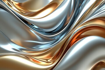 Obraz premium Abstract fluid metallic waves in silver and gold tones Generative AI