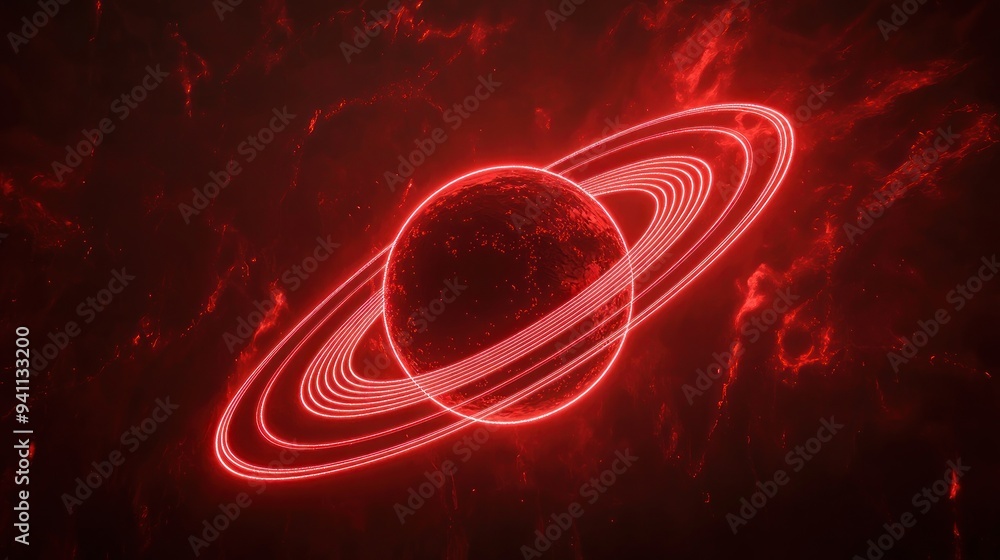 Poster glowing red neon planet with rings in dark space generative ai