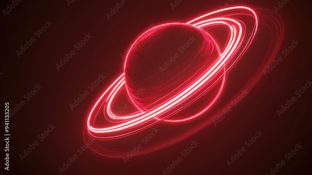 Poster glowing red neon planet with rings in dark space generative ai