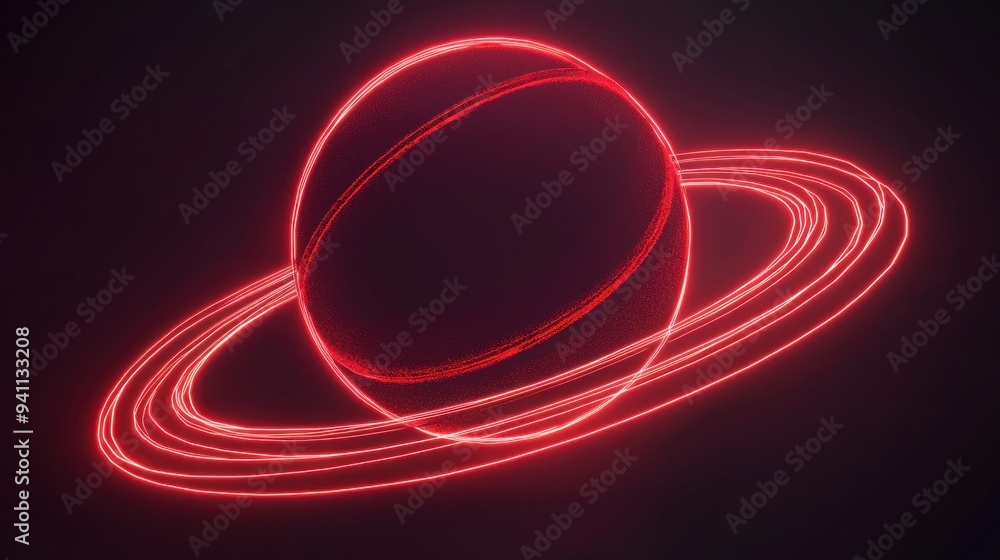 Poster glowing red neon planet with rings in dark space generative ai
