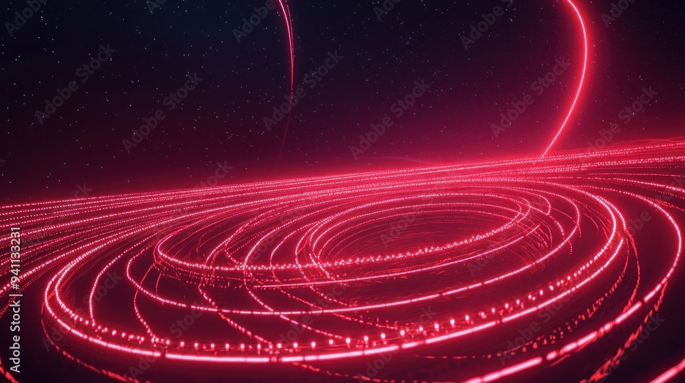 Wall mural glowing red neon planet with rings in dark space generative ai