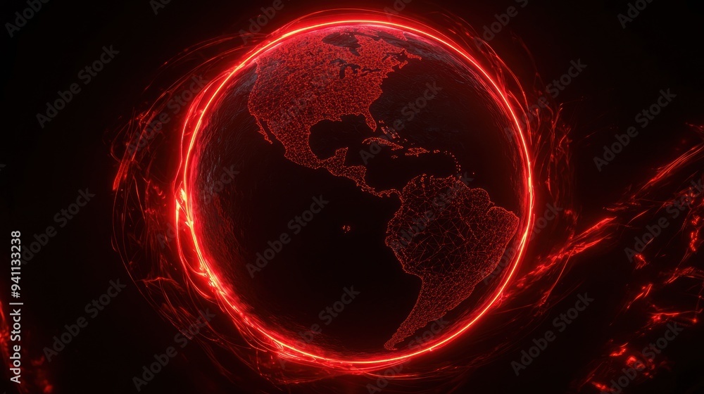 Sticker glowing red neon planet with rings in dark space generative ai