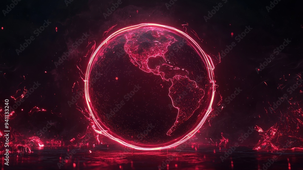 Wall mural glowing red neon planet with rings in dark space generative ai