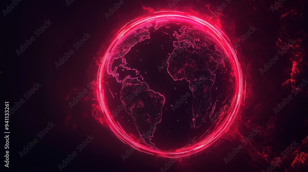 Wall mural glowing red neon planet with rings in dark space generative ai