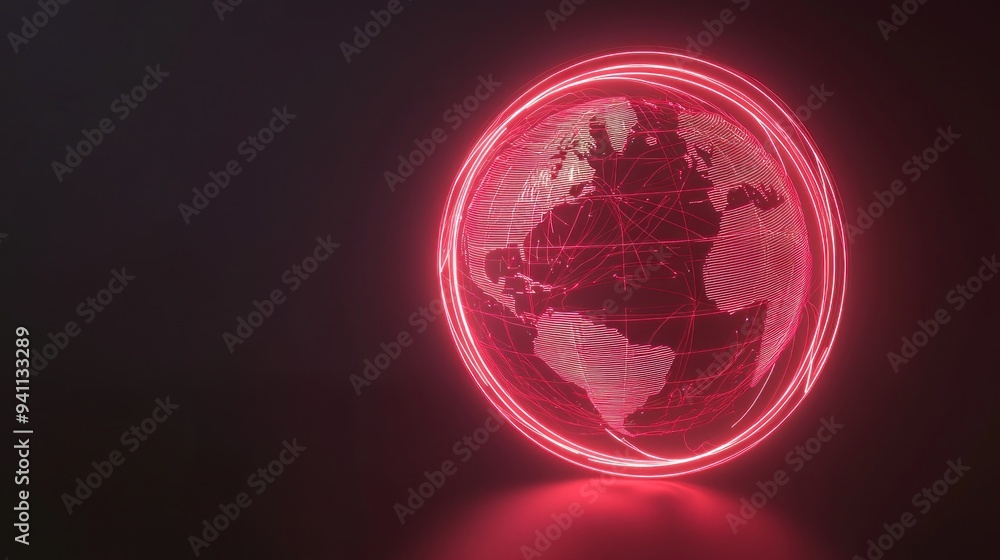 Wall mural glowing red neon planet with rings in dark space generative ai