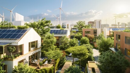 A picturesque eco-friendly community with solar-paneled homes and wind turbines, surrounded by lush greenery under a sunny sky.