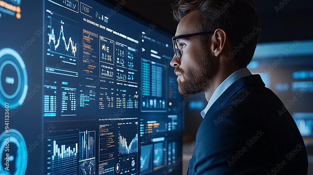 Poster a business executive reviewing ai-generated market analysis reports in a modern office setting stock