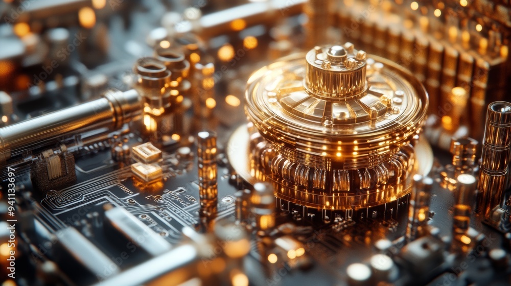 Poster detailed close-up of a complex golden mechanical structure with intricate components and gears