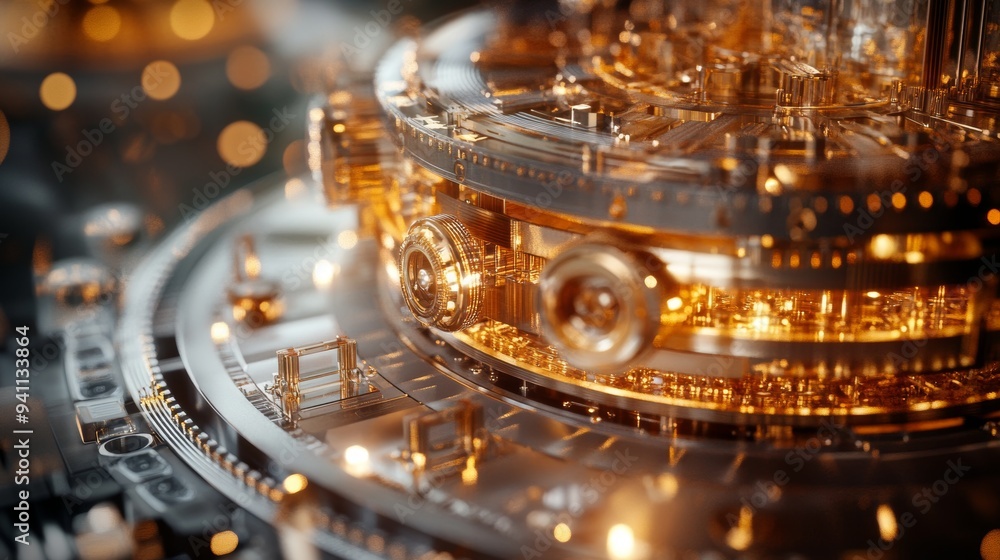 Poster detailed close-up of a complex golden mechanical structure with intricate components and gears