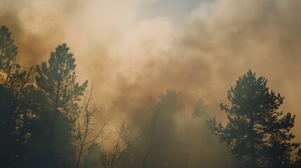 Fototapeta premium A forest scene thick with smoke from an engulfing fire, creating an intense atmosphere with the silhouettes of trees barely visible through the smoky haze.