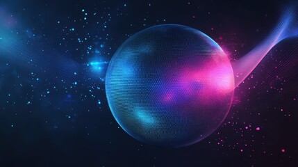 Abstract sphere with neon lights and particles in a dark background.