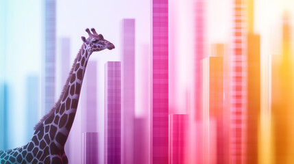 A towering giraffe formed from vertical columns of data in varying heights and colors, showcasing the reach and perspective of comprehensive data analysis.
