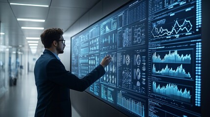 Fototapeta premium A researcher analyzing complex data patterns on a holographic display powered by AI Stock Photo with copy space