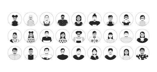 Diverse employees black and white 2D vector avatars illustration set. Headshots students outline cartoon character faces isolated. Multicultural workers flat user profile images collection portraits