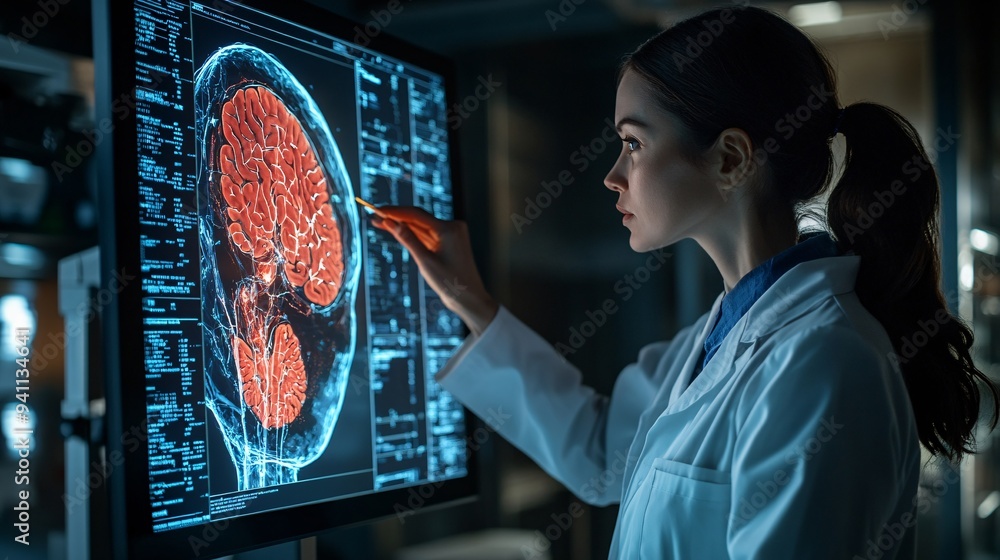 Aufkleber A researcher analyzing complex data patterns on a holographic display powered by AI Stock Photo with copy space