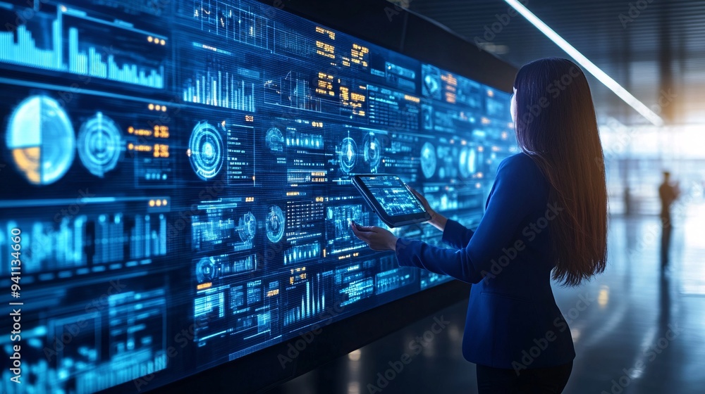 Poster A researcher analyzing complex data patterns on a holographic display powered by AI Stock Photo with copy space