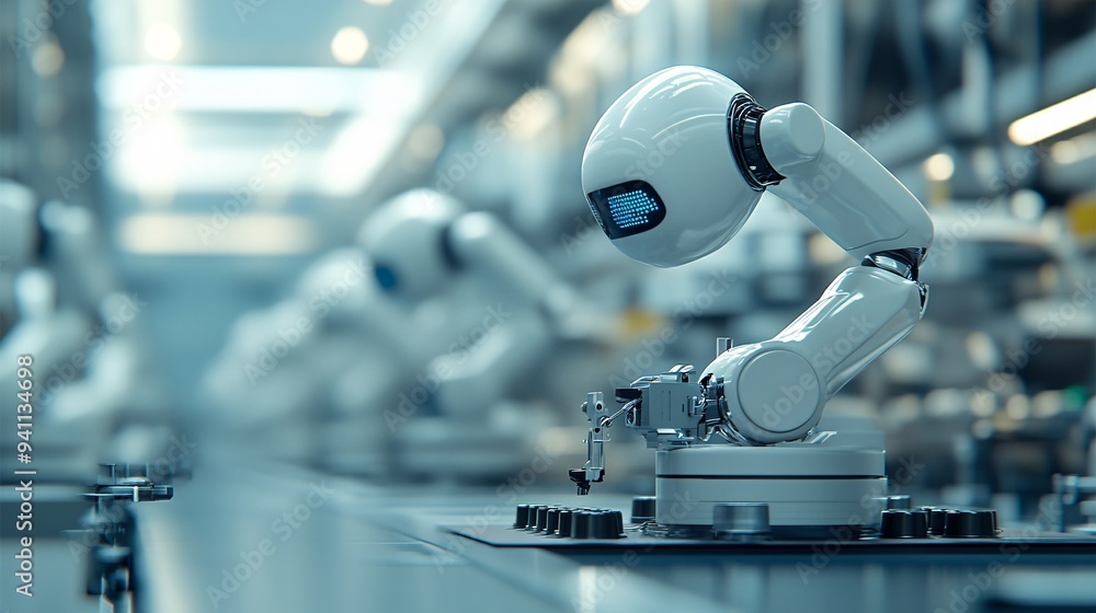 Poster A smart factory where AI-driven systems manage the entire production process from raw materials to finished goods Stock Photo with copy space