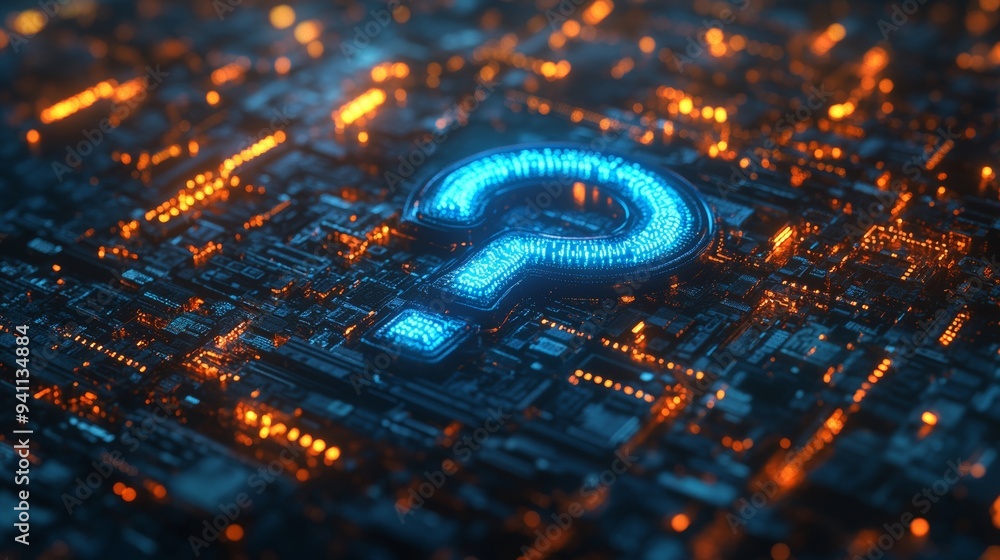 Aufkleber digital question mark hovering over a circuit board with glowing connections