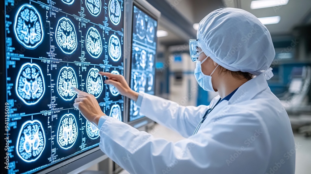 Poster a medical technician using ai software to scan and diagnose medical images in a high-tech hospital e