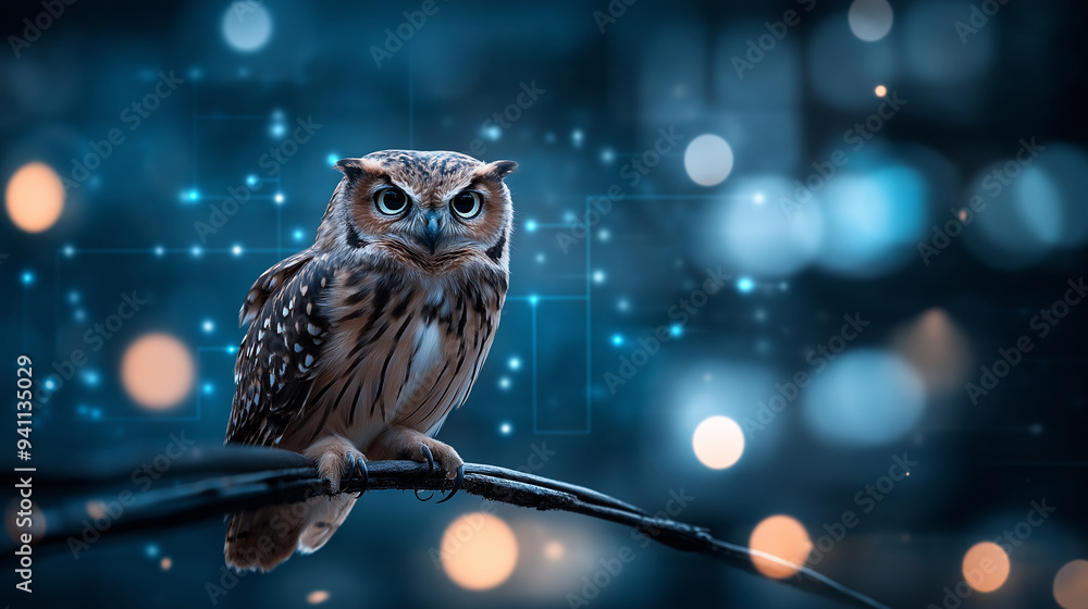 Aufkleber an owl perched on a branch with feathers depicted by structured data columns, symbolizing wisdom and