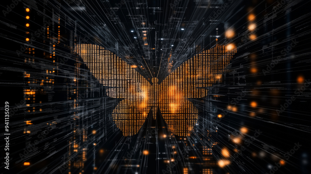 Poster a butterfly with wings made of symmetrical data columns, representing the transformation and beauty 