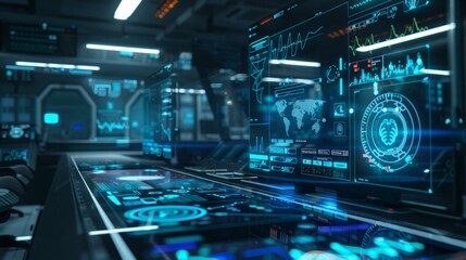 Obraz premium Futuristic healthcare control panel with virtual interfaces for managing patient data and analytics