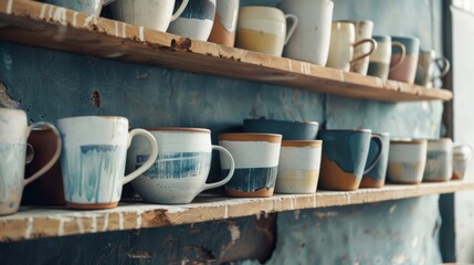 An assortment of beautifully crafted mugs displayed on rustic wooden shelves, showcasing a mix of art and functionality.