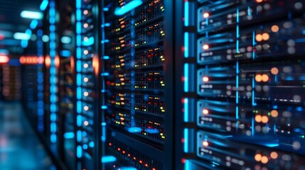 Naklejka premium Understanding the infrastructure of public service internet through illuminated server racks in a data center during nighttime operations