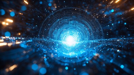Obraz premium Glowing blue vortex tunnel with swirling light patterns and a bright center